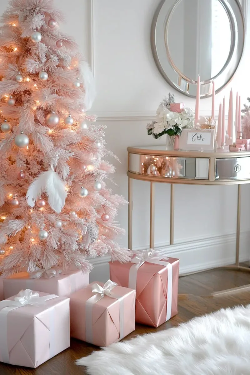 rose gold and blush pink tree with feathered garlands and pearl accents 1