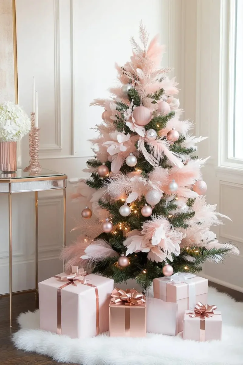 rose gold and blush pink tree with feathered garlands and pearl accents 1