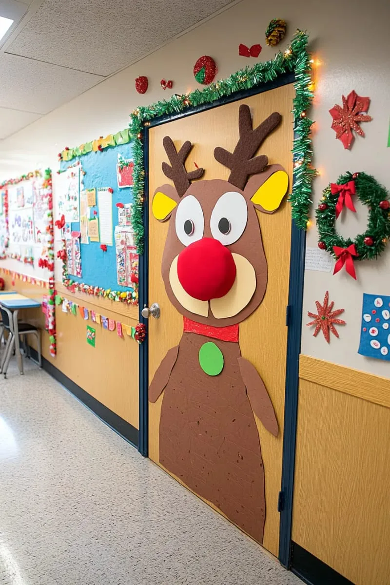 21 Festive Classroom Christmas Decor Ideas for a Joyful Season 98 rudolph the red-nosed reindeer door with giant googly eyes and antlers 1