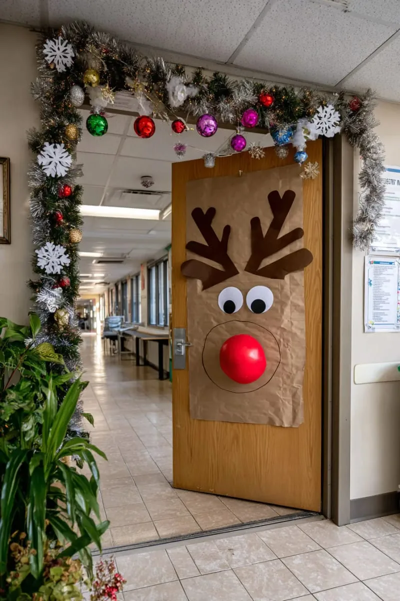 21 Festive Classroom Christmas Decor Ideas for a Joyful Season 99 rudolph the red-nosed reindeer door with giant googly eyes and antlers 1