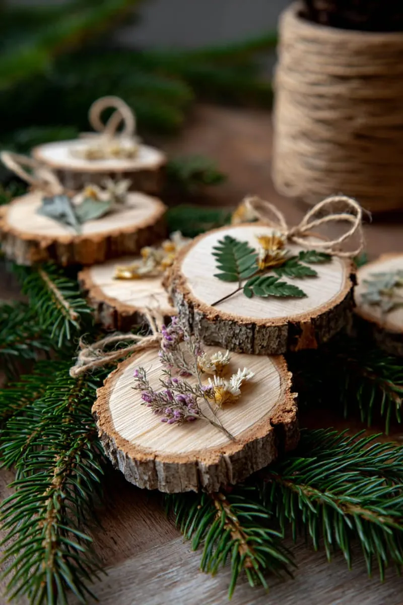 rustic branch slice ornaments adorned with pressed botanical elements 1