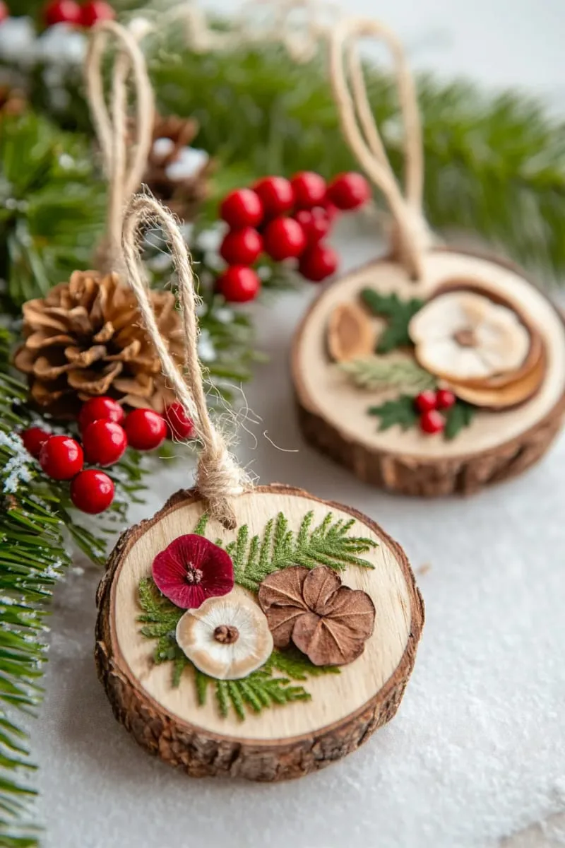 rustic branch slice ornaments adorned with pressed botanical elements 1
