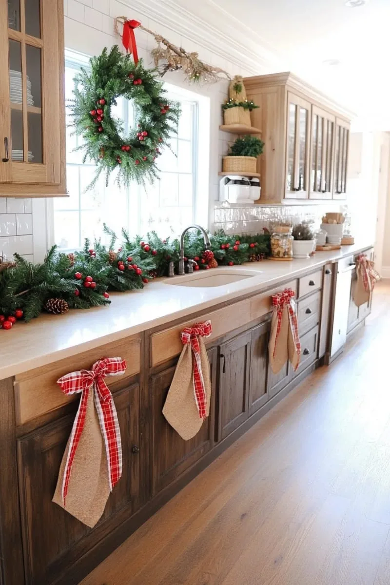 rustic burlap bows and faux berries accenting dark wood cabinets 1