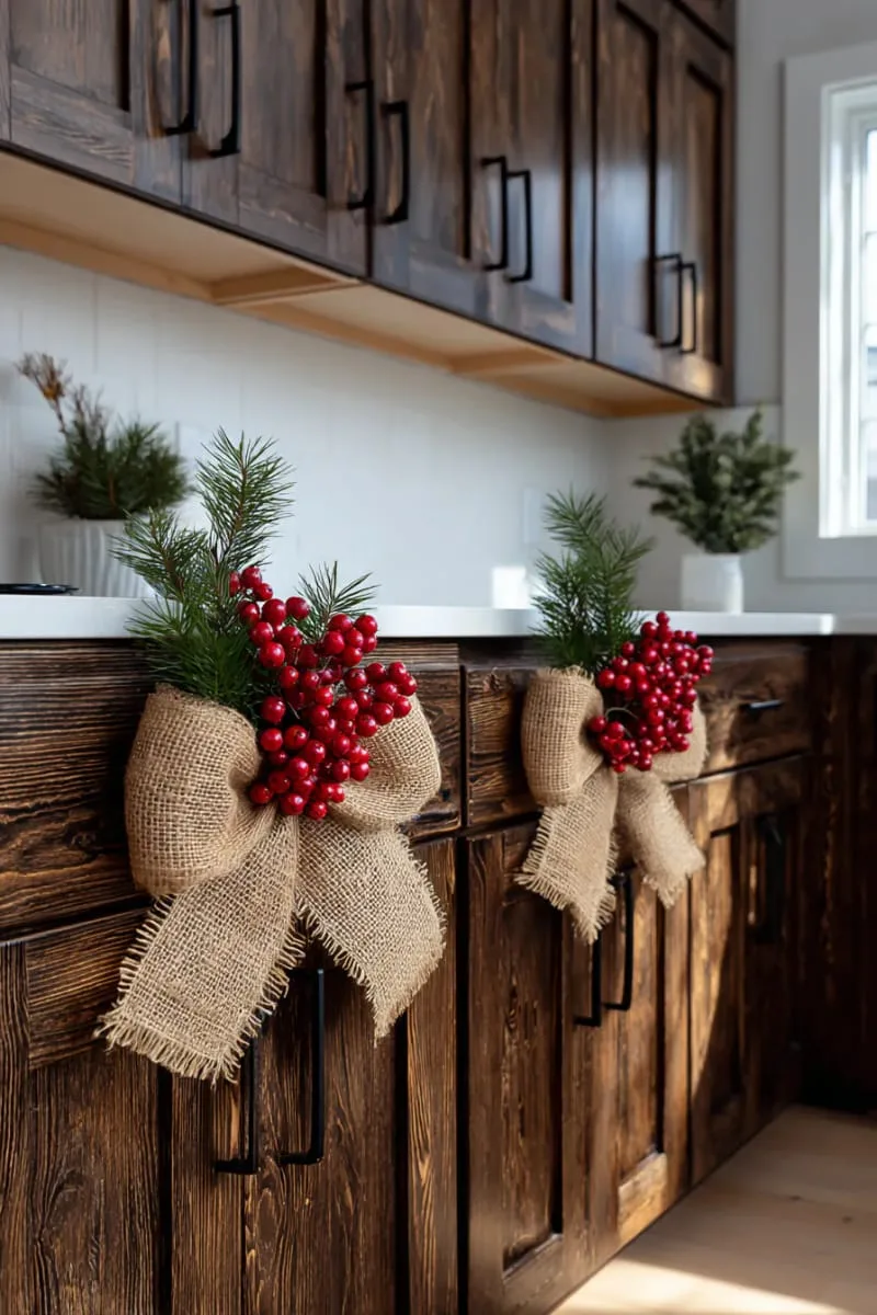 rustic burlap bows and faux berries accenting dark wood cabinets 1