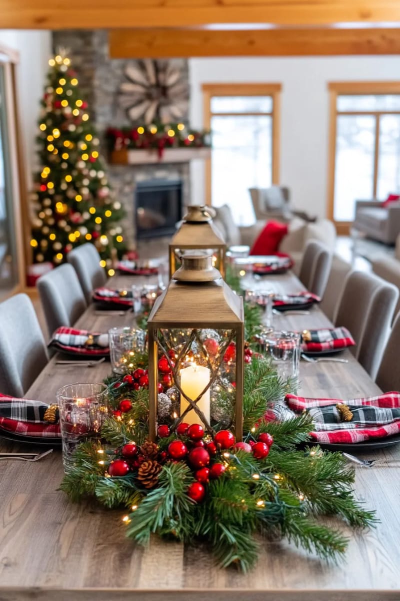 rustic lantern centerpiece with pine sprigs and cranberries on a farmhouse table. 1