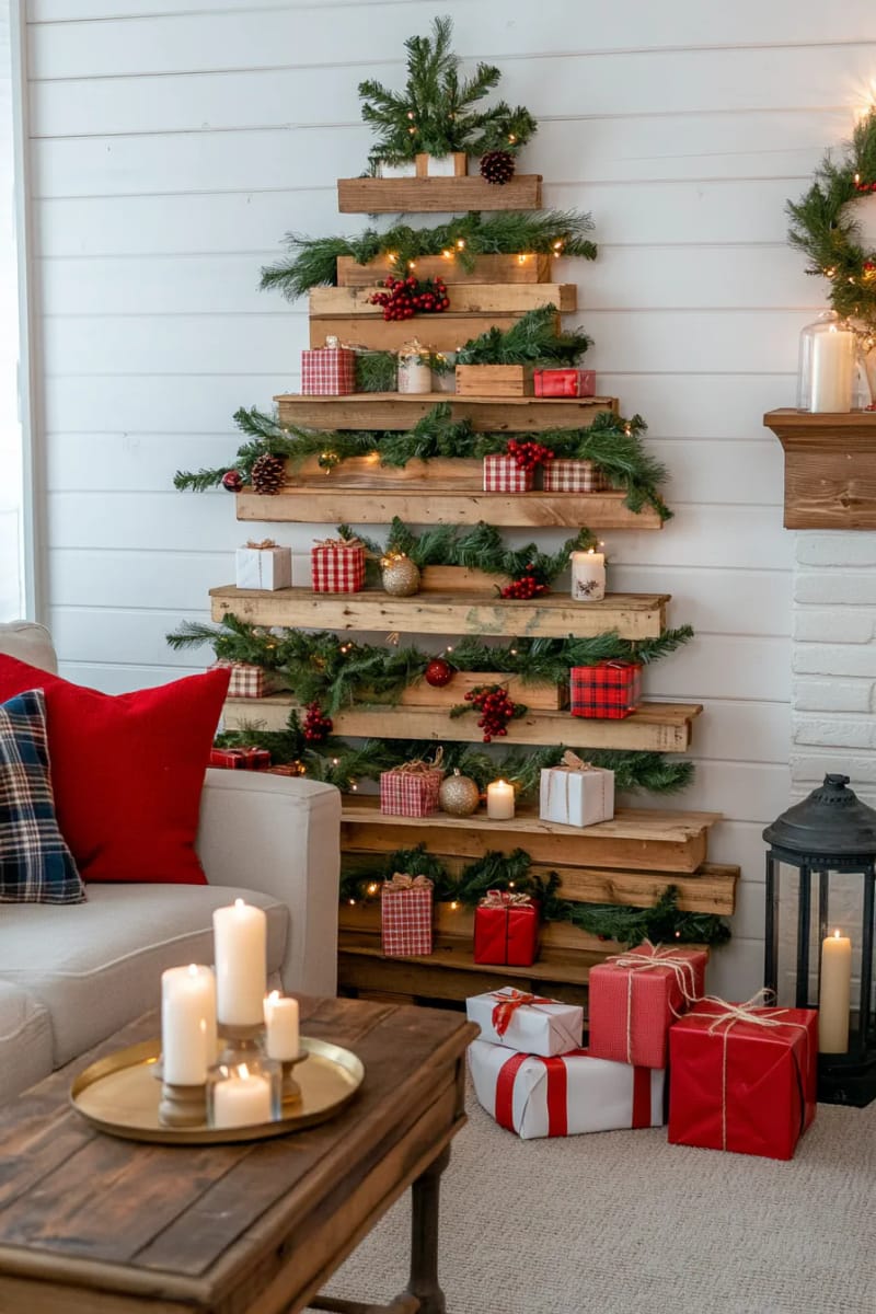 21 Creative Pallet Christmas Decor Ideas for 2025 21 rustic pallet shelf tree filled with mini presents and winter greenery 1