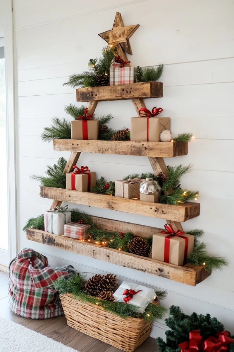 21 Creative Pallet Christmas Decor Ideas for 2025 22 rustic pallet shelf tree filled with mini presents and winter greenery 1