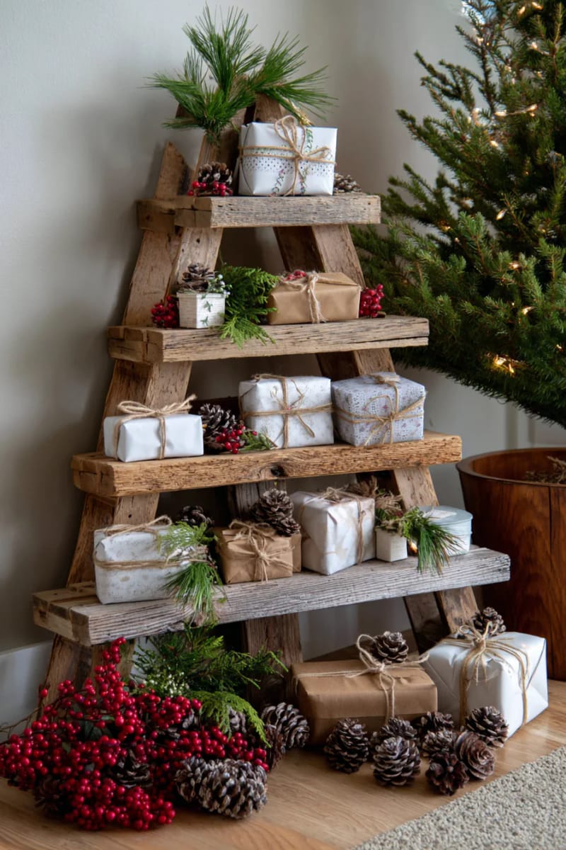 21 Creative Pallet Christmas Decor Ideas for 2025 23 rustic pallet shelf tree filled with mini presents and winter greenery 1