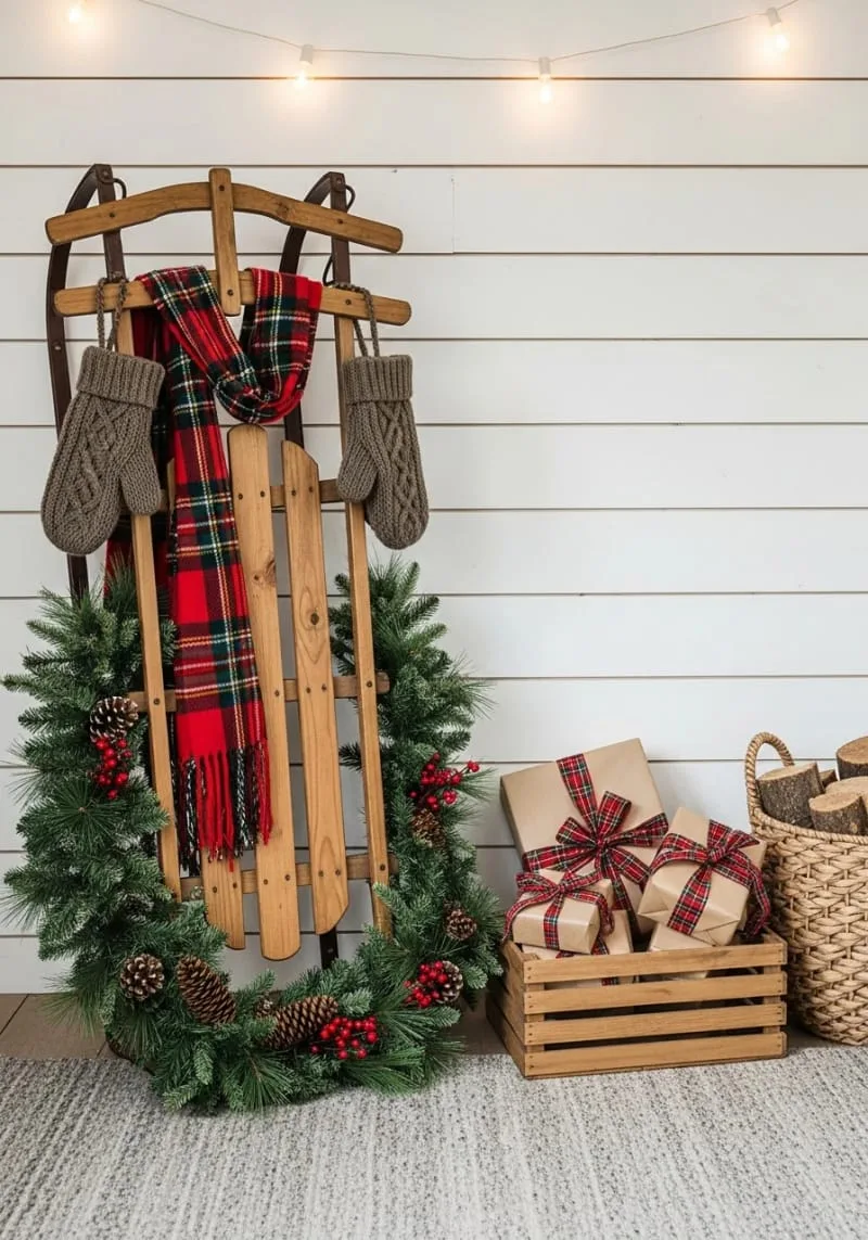 15 She Shed Christmas Decor Ideas For A Unique Winter Wonderland 19 rustic sled leaning against the wall with plaid scarves and mittens 1