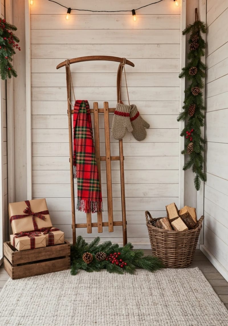 rustic sled leaning against the wall with plaid scarves and mittens 1