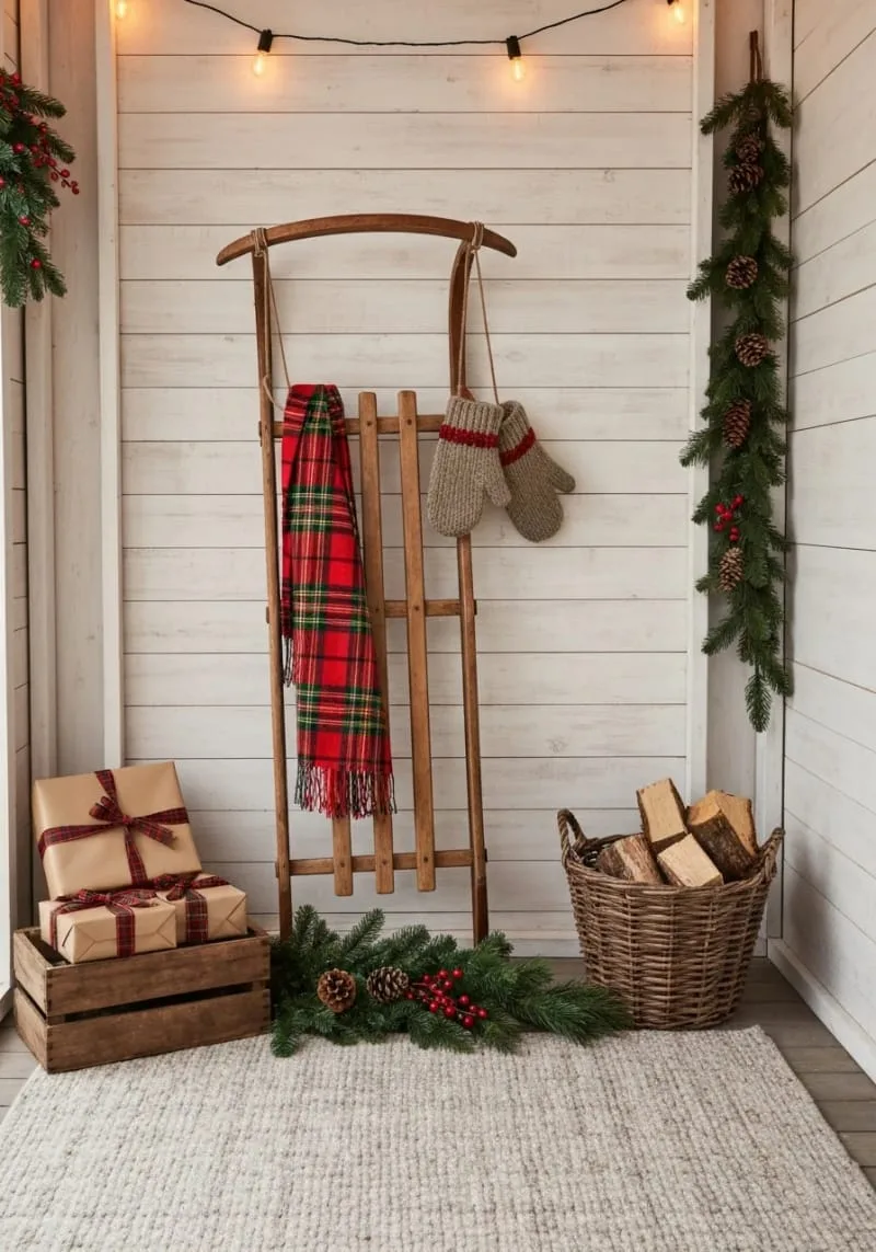 15 She Shed Christmas Decor Ideas For A Unique Winter Wonderland 20 rustic sled leaning against the wall with plaid scarves and mittens 1