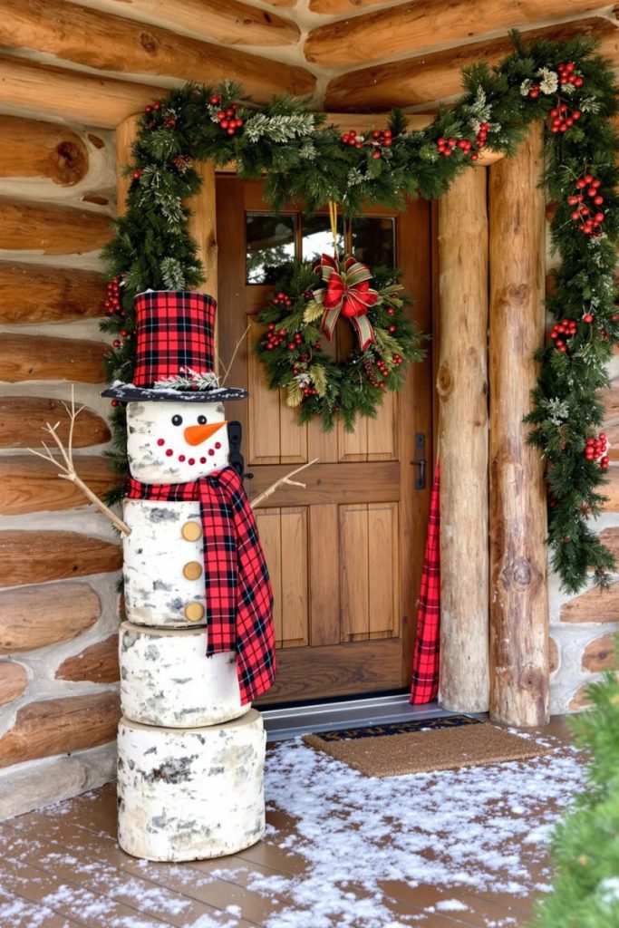 rustic snowman made from birch logs and plaid scarves by the entryway 30