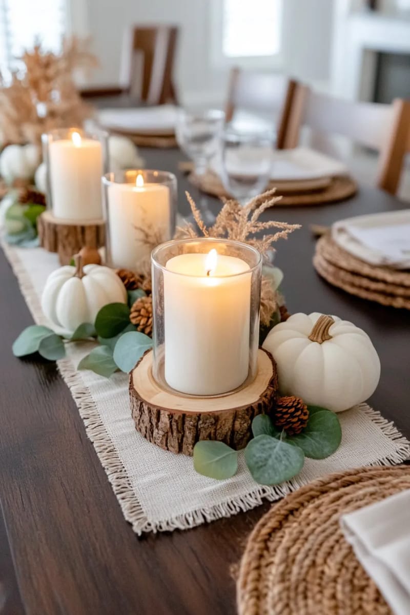 rustic wood slice candle holders surrounded by mini white pumpkins 1