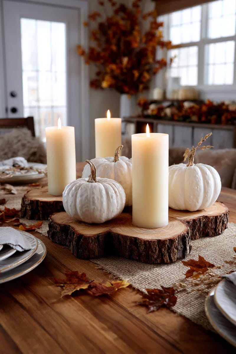 rustic wood slice candle holders surrounded by mini white pumpkins 1