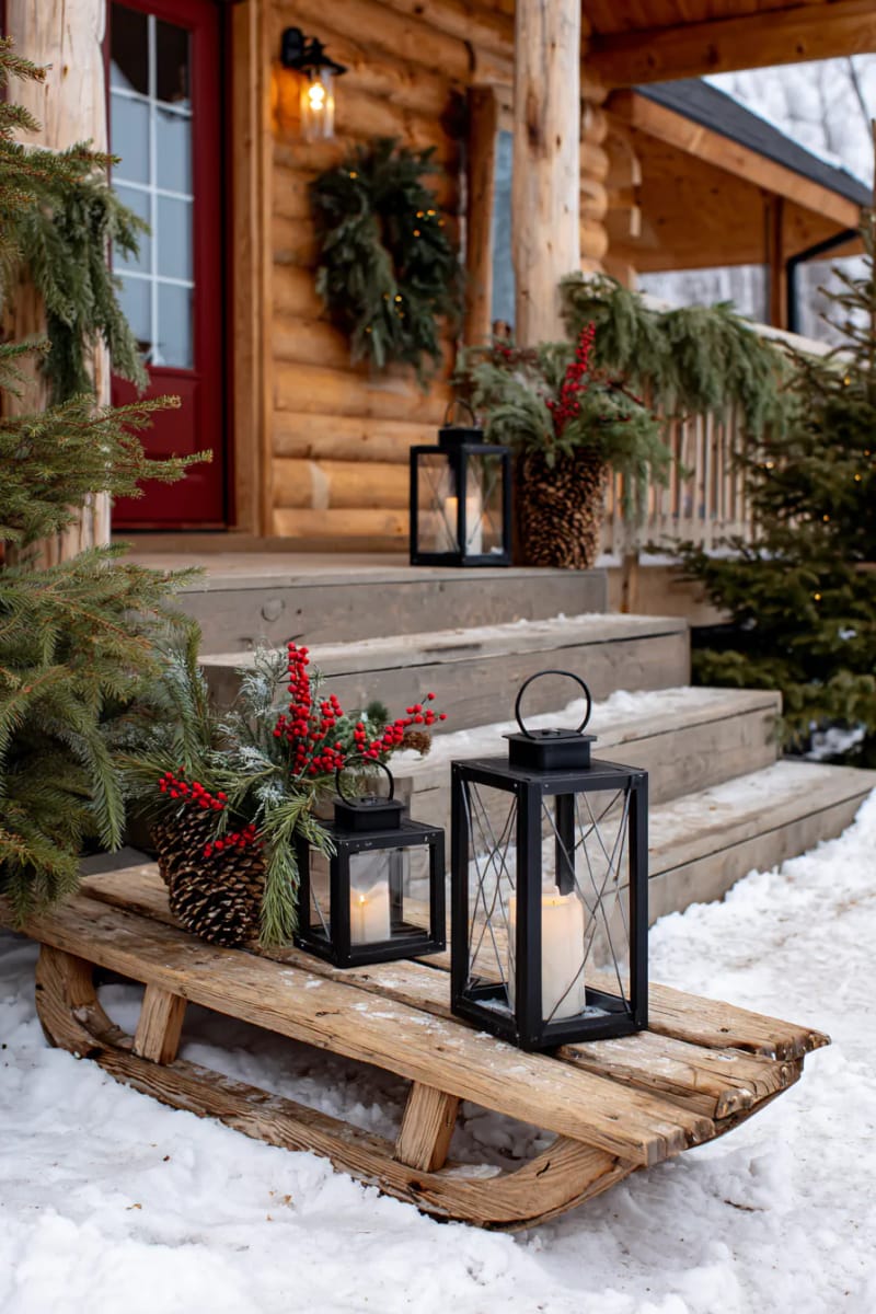rustic wooden sled by the front steps topped with lanterns and holly 1