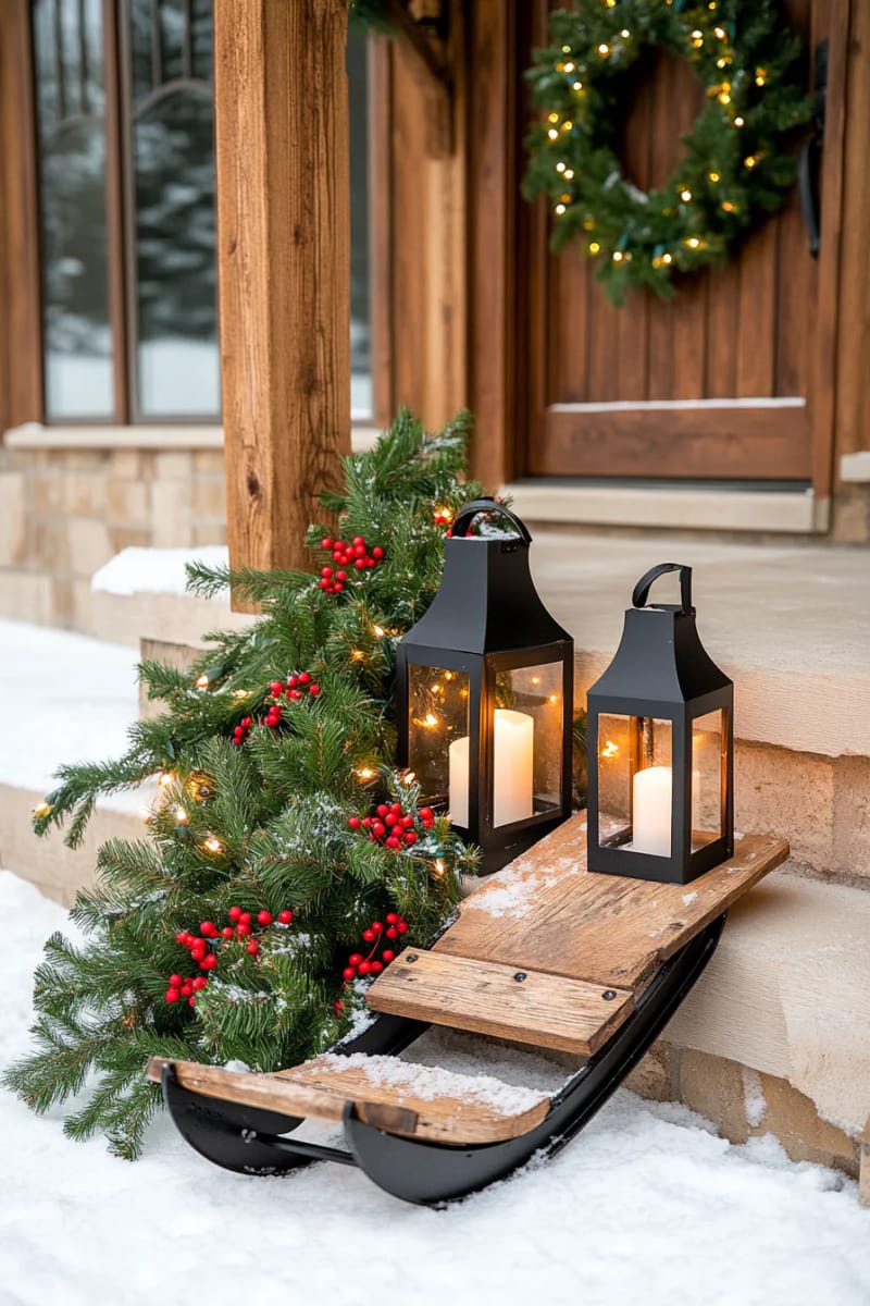 rustic wooden sled by the front steps topped with lanterns and holly 1