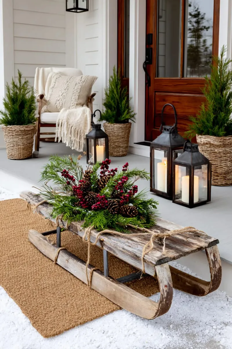 rustic wooden sled propped by the door with fresh greenery 1