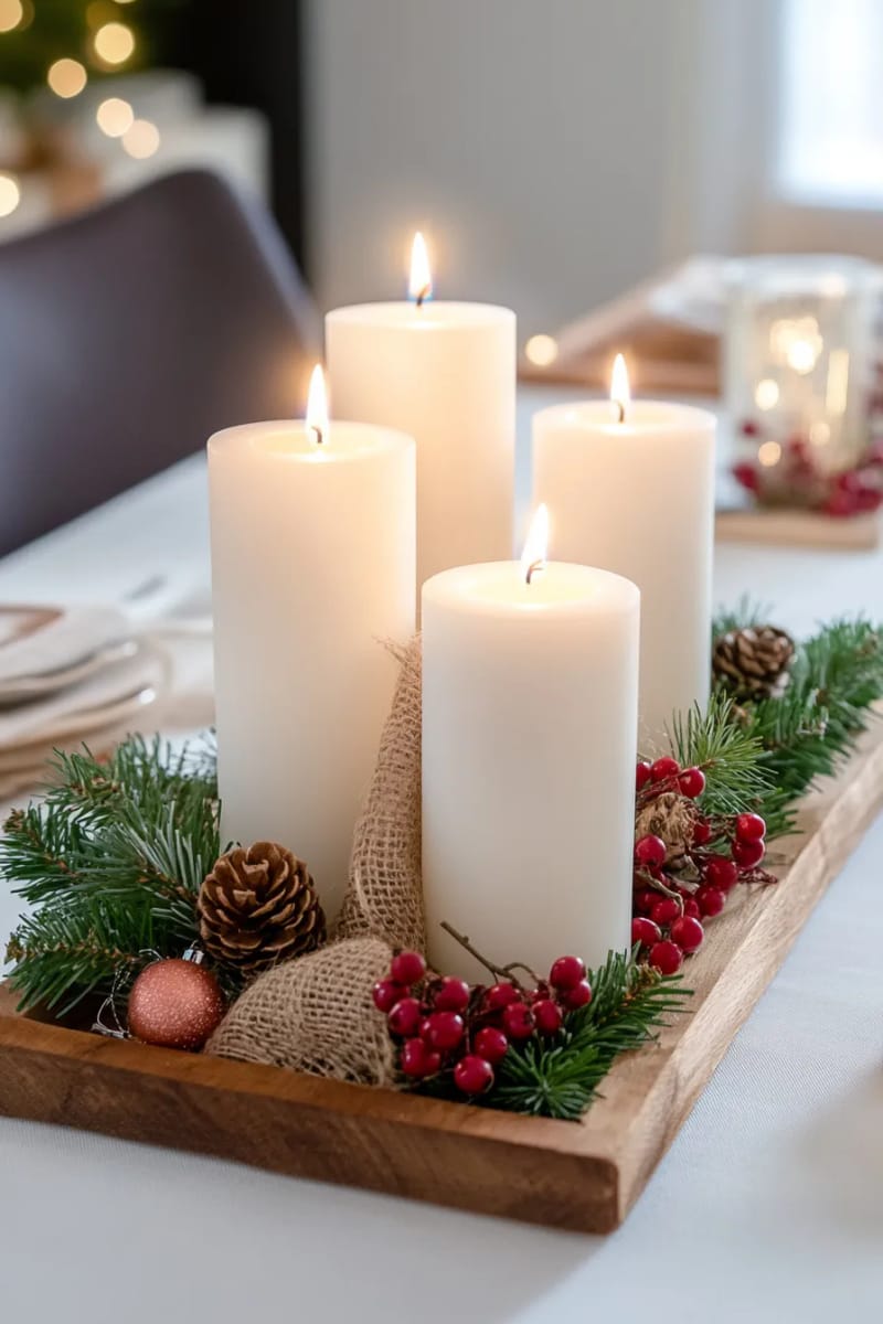 rustic wooden tray with pillar candles and fresh evergreen sprigs 1