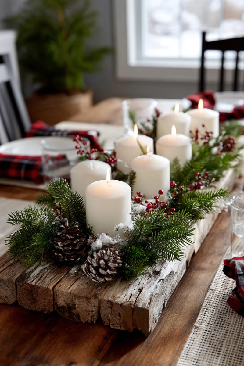 rustic wooden tray with pillar candles and fresh evergreen sprigs 1