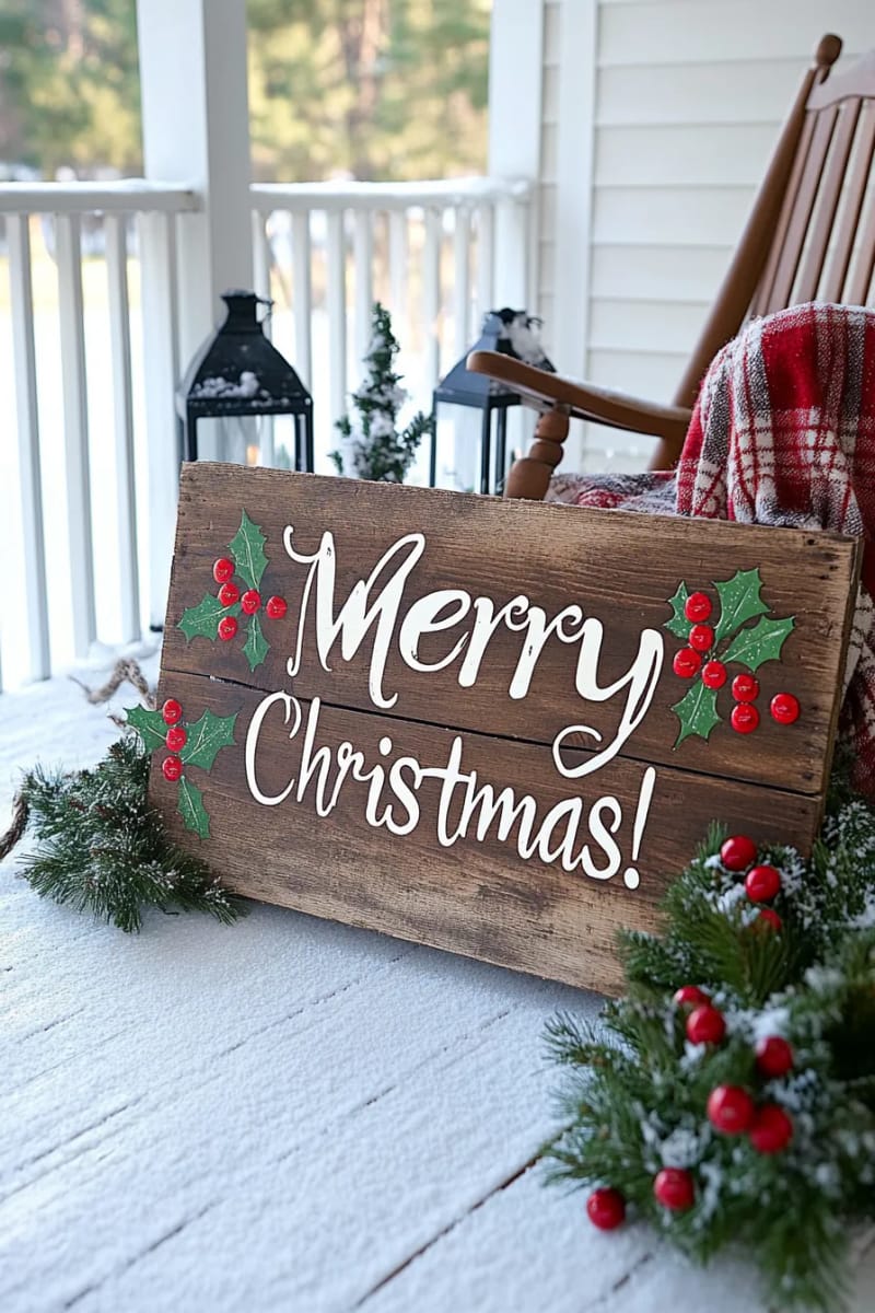rustic wooden welcome sign painted with frosted holly and christmas greetings 1