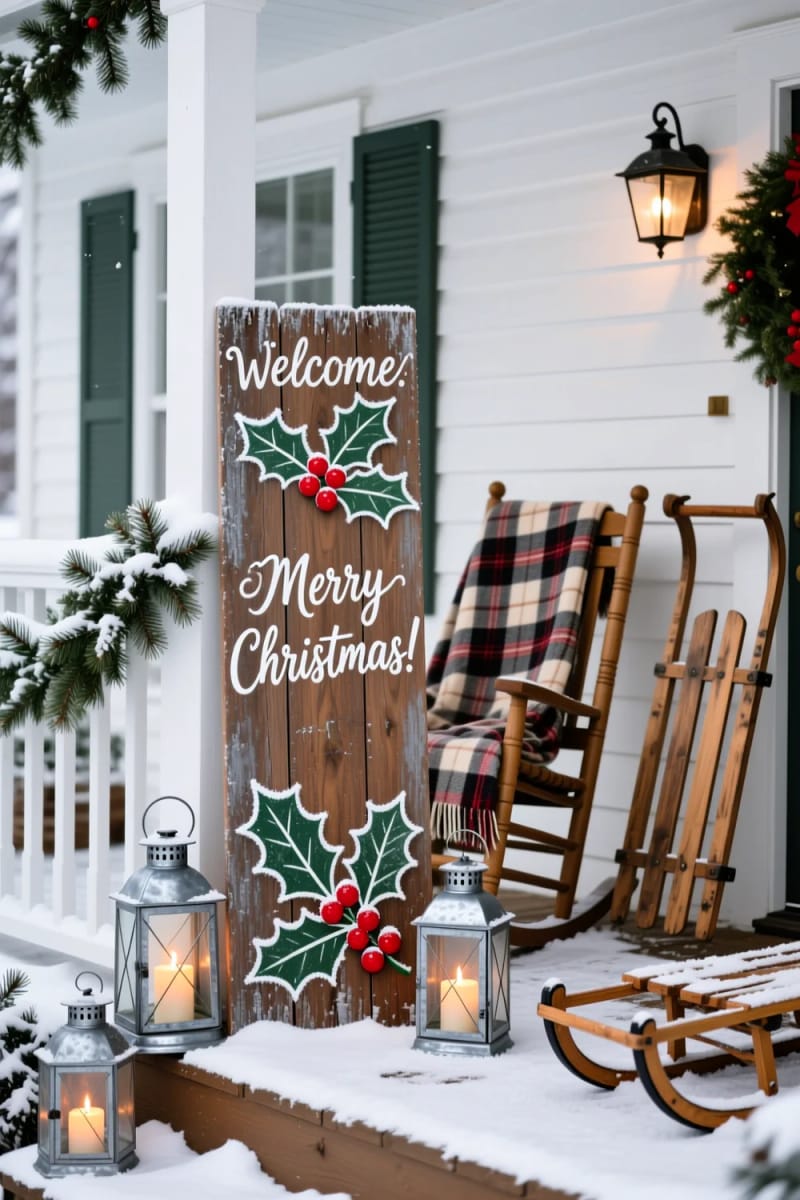 rustic wooden welcome sign painted with frosted holly and christmas greetings 1