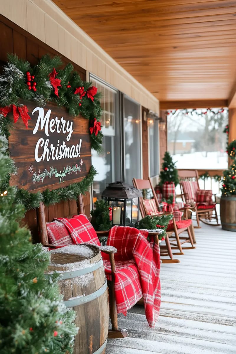 rustic wooden welcome sign painted with frosted holly and christmas greetings 1