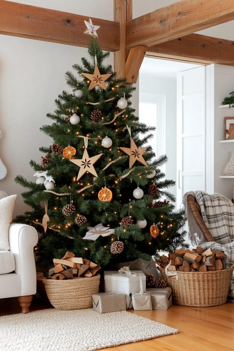 rustic woodland tree with pinecones, dried orange slices, and wooden stars 1