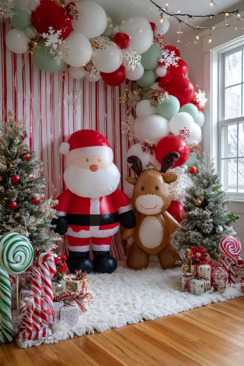 21 Christmas Balloon Decor Ideas for a Fun and Festive Holiday 21 santa and reindeer balloon duo for whimsical kids’ corner decoration 1