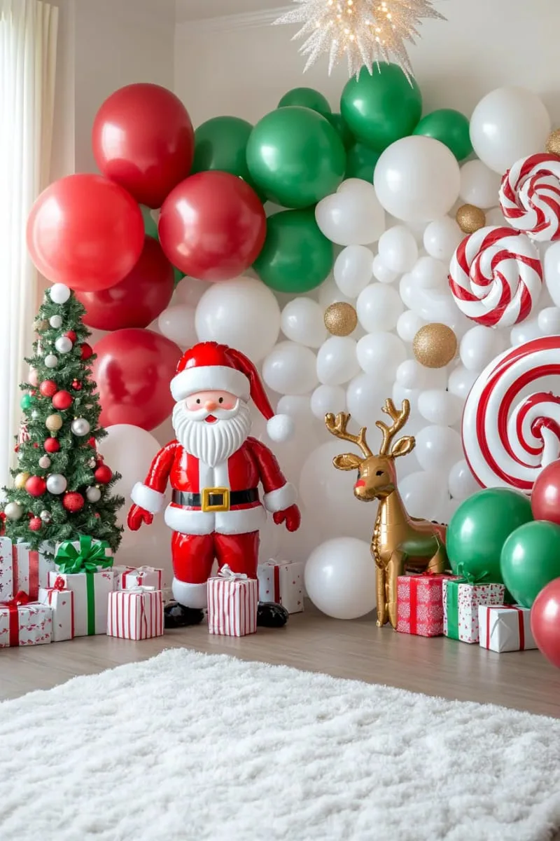 21 Christmas Balloon Decor Ideas for a Fun and Festive Holiday 22 santa and reindeer balloon duo for whimsical kids’ corner decoration 1