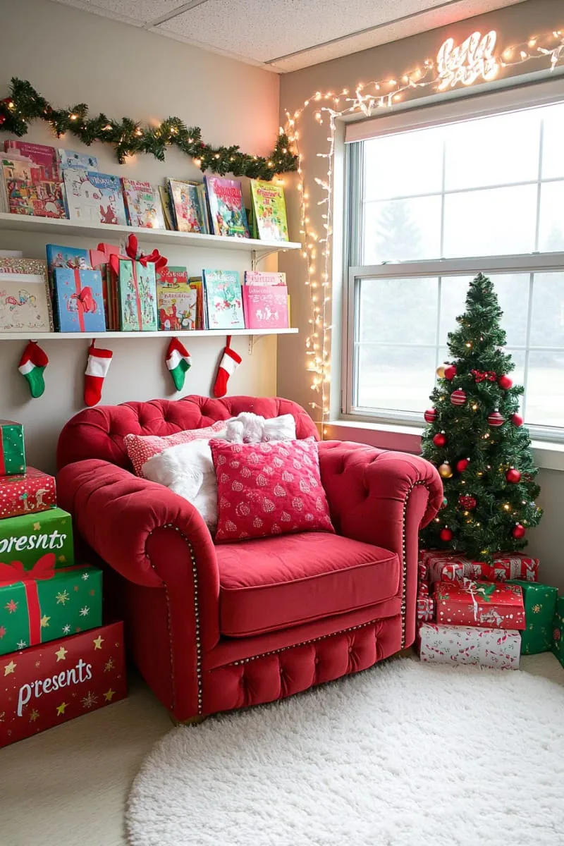 21 Festive Classroom Christmas Decor Ideas for a Joyful Season 35 santa’s workshop reading nook with elf hats and wrapped “presents” 1