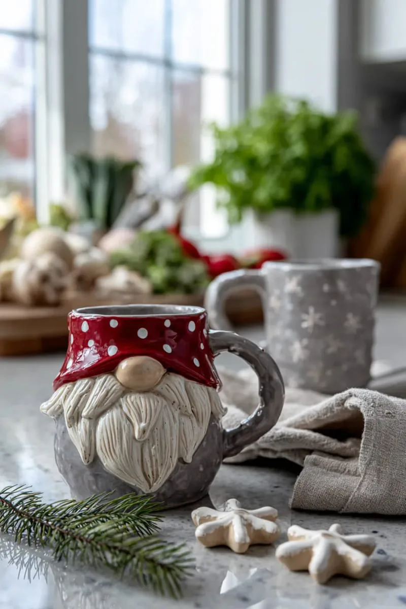 scandi-inspired clay gnome mugs with painted red hats 1