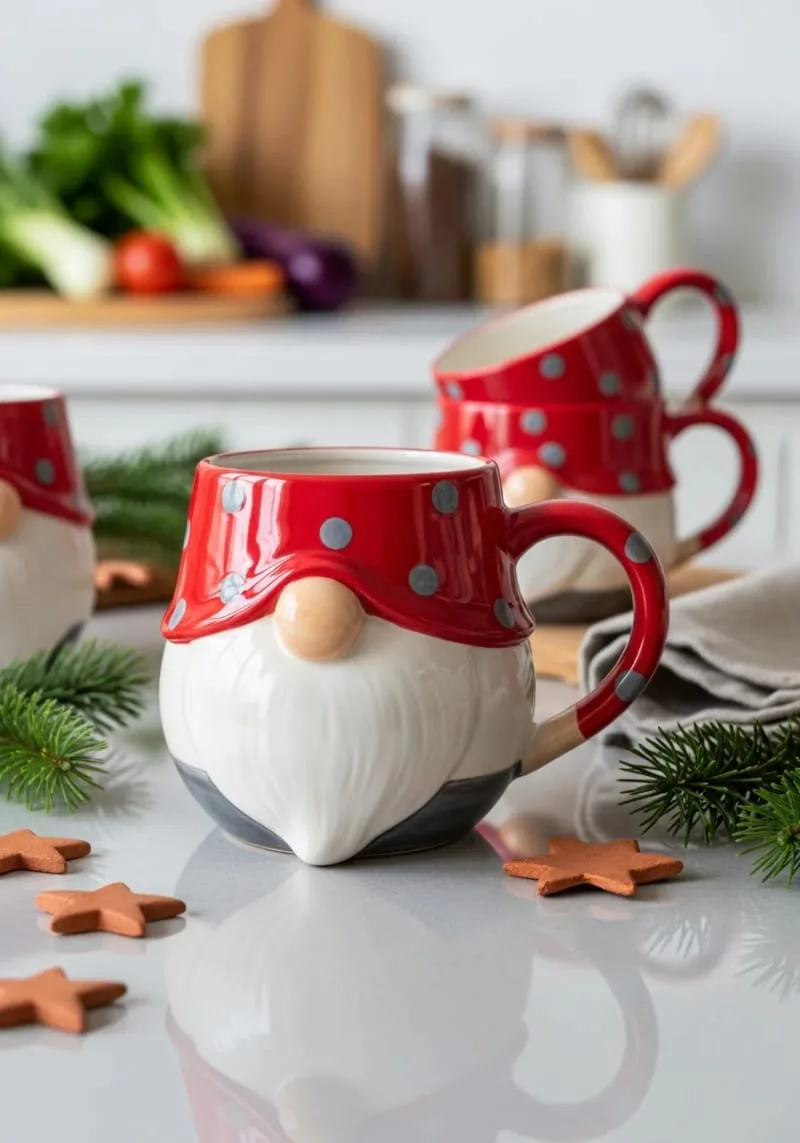 scandi-inspired clay gnome mugs with painted red hats 1