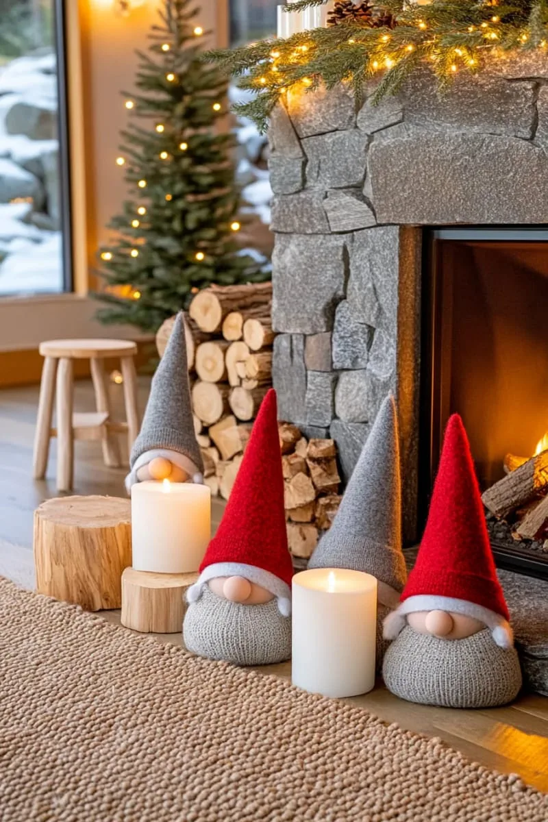 scandinavian gnome figurines with tall felt hats nestled by the fireplace 1