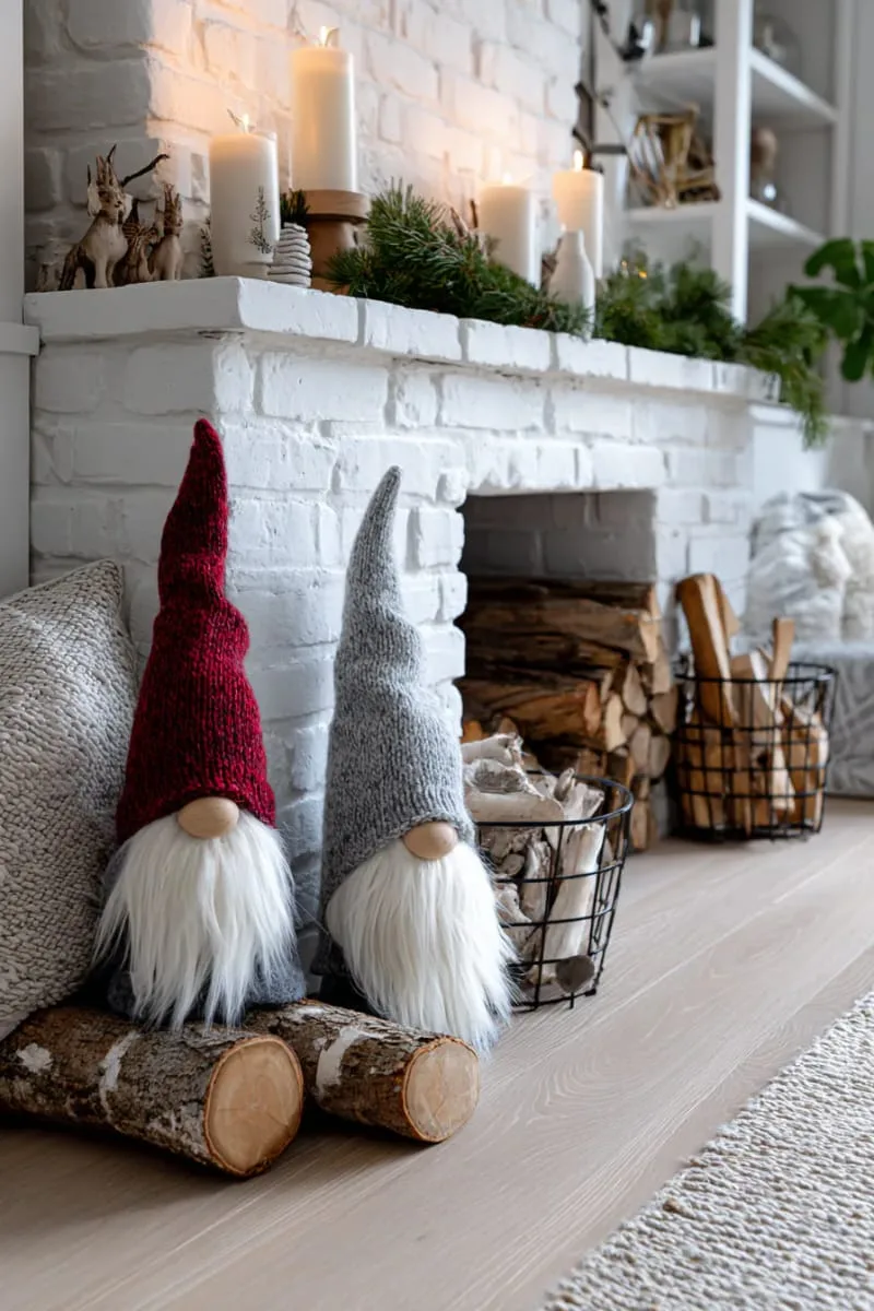 scandinavian gnome figurines with tall felt hats nestled by the fireplace 1
