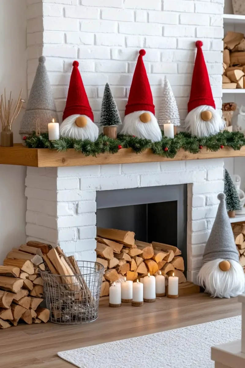 scandinavian gnome figurines with tall felt hats nestled by the fireplace 1