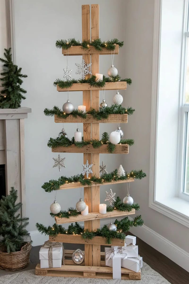 21 Creative Pallet Christmas Decor Ideas for 2025 41 scandinavian-inspired pallet trees with minimal decor and fresh greenery 1