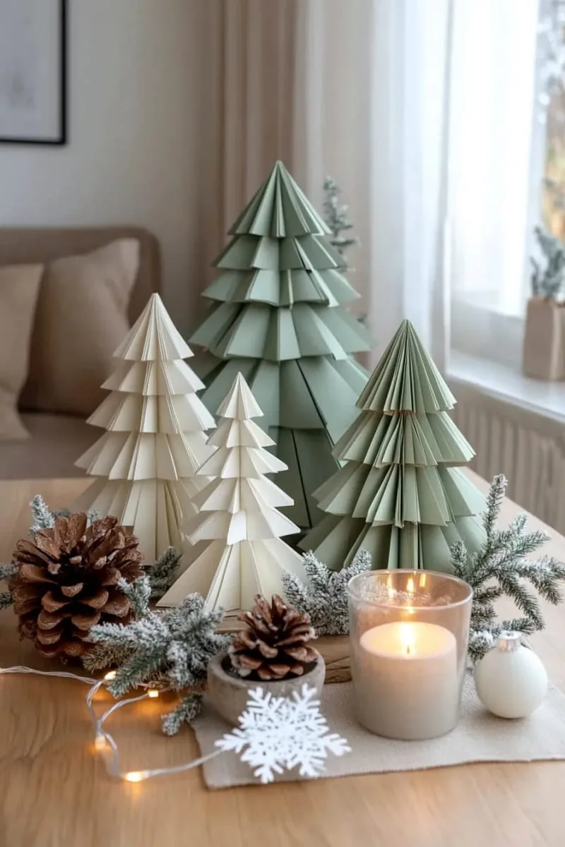 scandinavian-inspired paper christmas tree forest centerpiece in soft green hues 1
