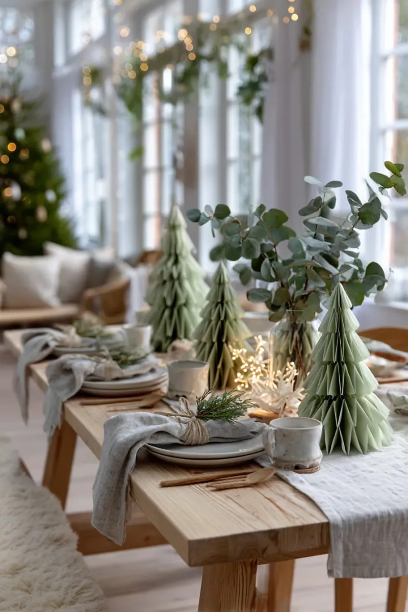 scandinavian-inspired paper christmas tree forest centerpiece in soft green hues 1