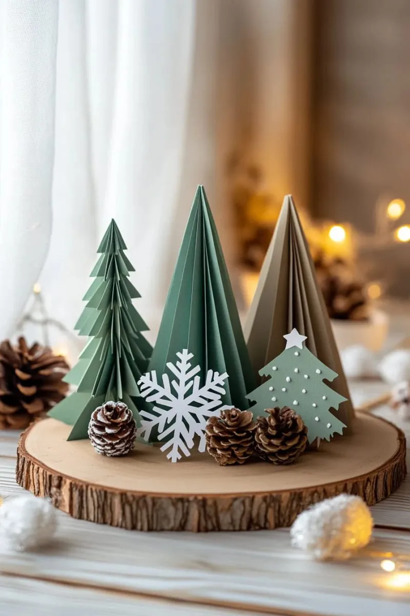 scandinavian-inspired paper christmas tree forest centerpiece in soft green hues 1