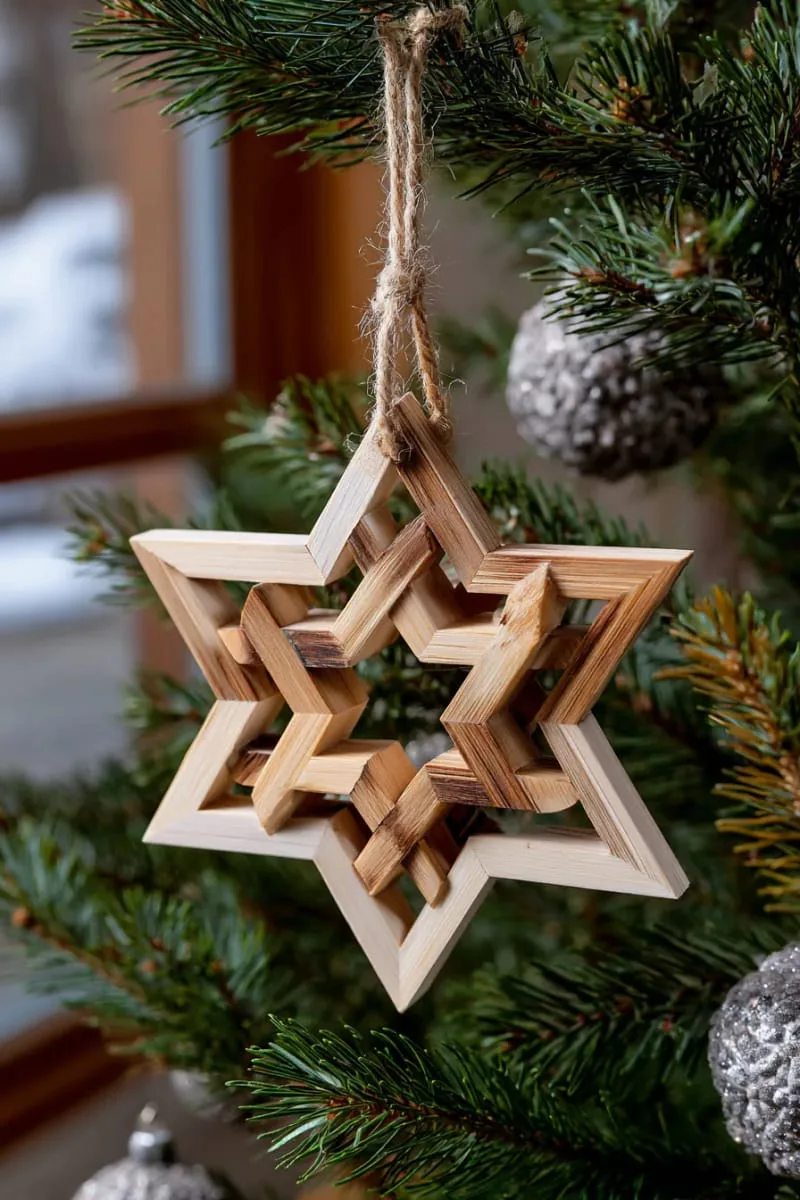 scandinavian-inspired wood star with layered geometric snowflake pattern 1