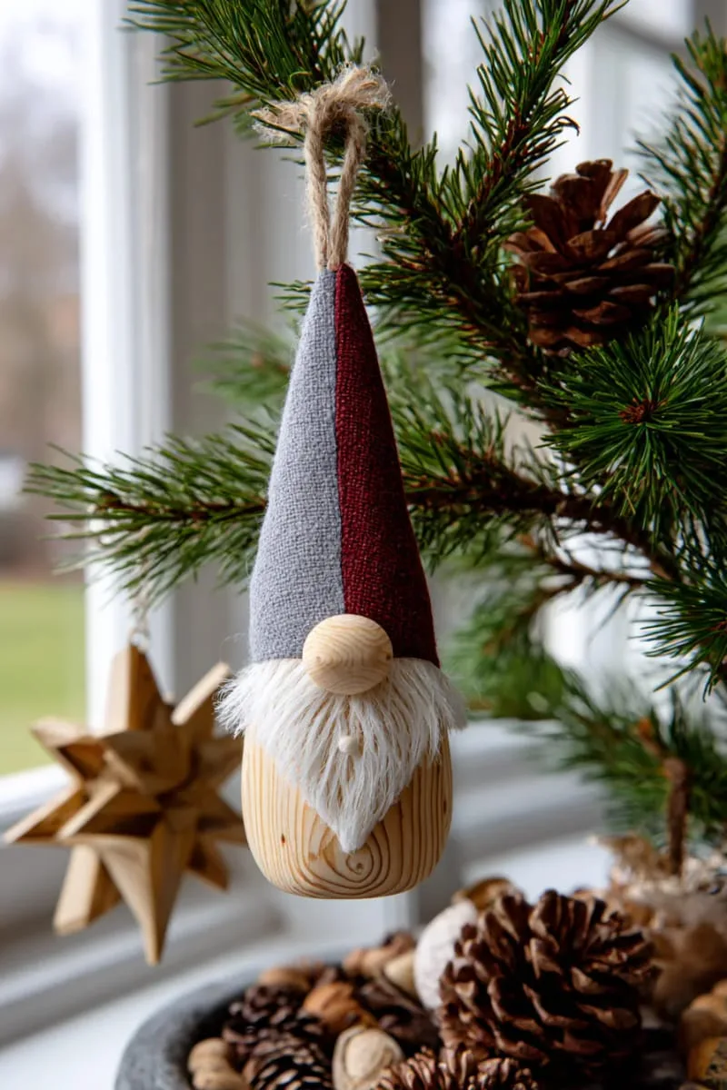 scandinavian-inspired wooden gnome ornament with tall felt hat 1
