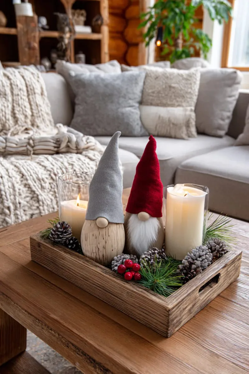 scandinavian-inspired wooden gnome ornament with tall felt hat 1