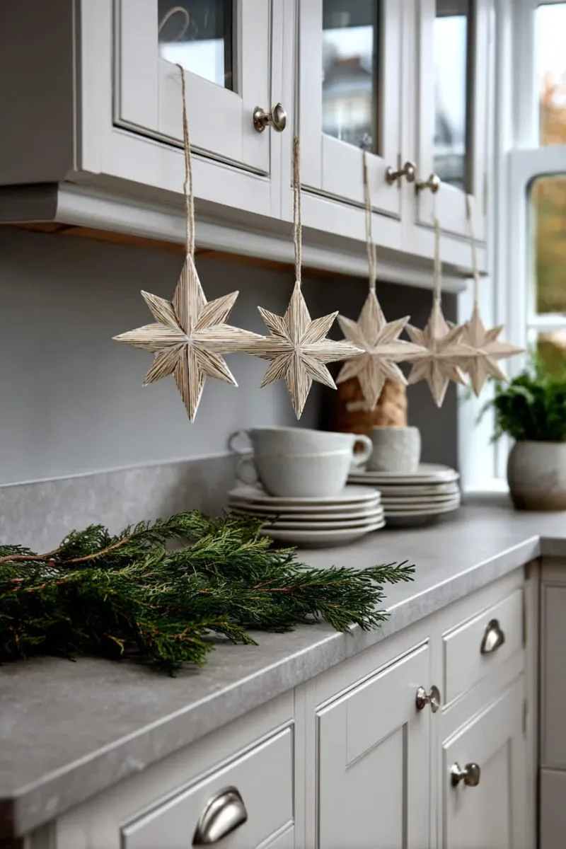 scandinavian-inspired wooden stars hung from cabinet pulls 1
