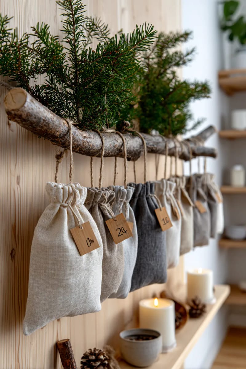 21 Scandinavian Christmas Decorations Ideas To Bring Nordic Charm at Home 44 scandinavian style advent calendar with linen pouches and wooden numbers 1