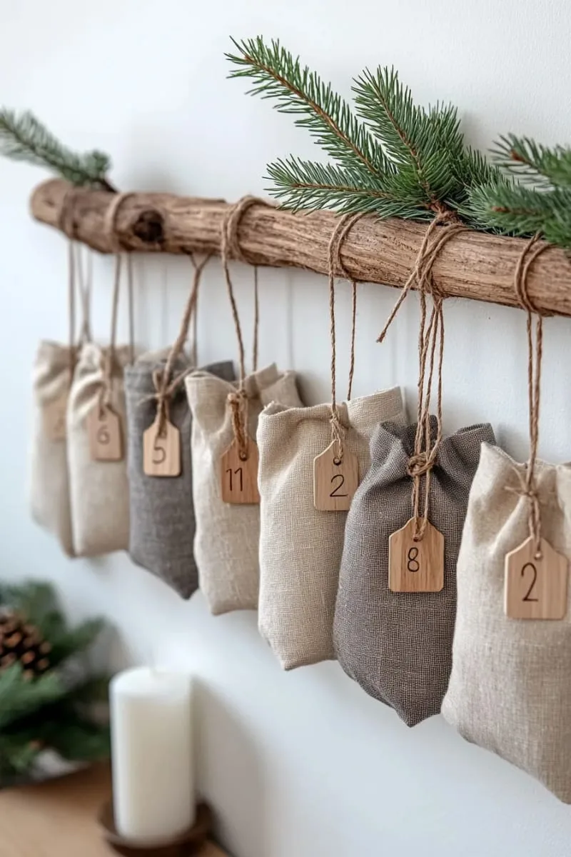 scandinavian style advent calendar with linen pouches and wooden numbers 1