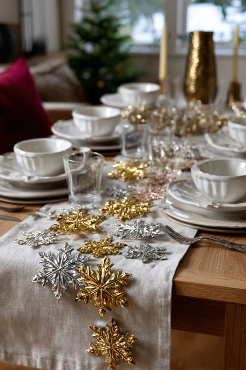 scatter metallic snowflake ornaments across a linen holiday dining table. 1