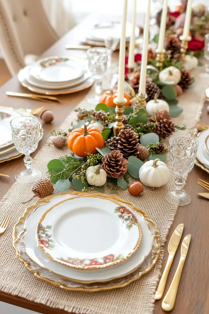 scattered pinecones and acorns on a burlap table runner 1