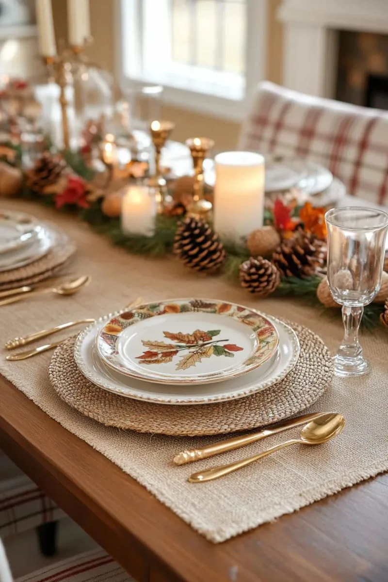 scattered pinecones and acorns on a burlap table runner 1