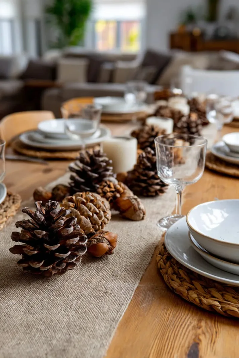 scattered pinecones and acorns on a burlap table runner 1