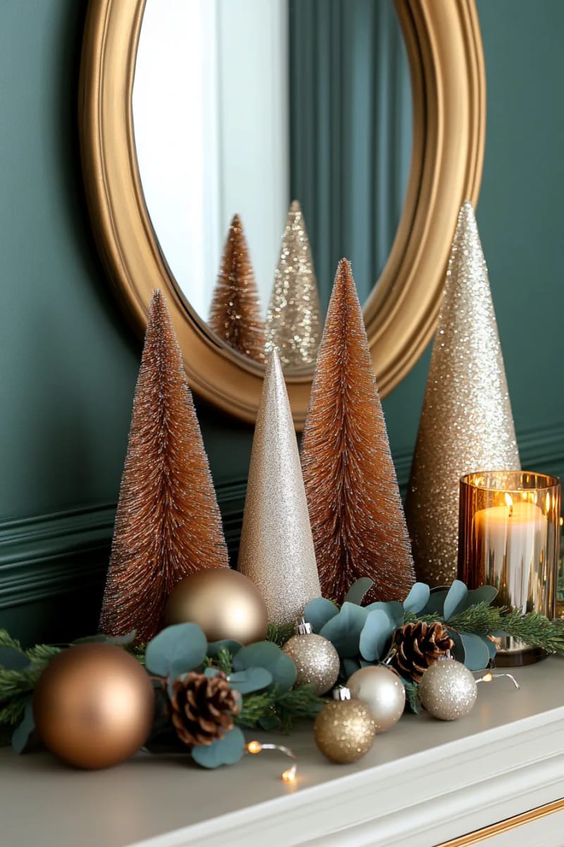 set up a collection of bronze and gold bottlebrush trees on a sideboard. 1